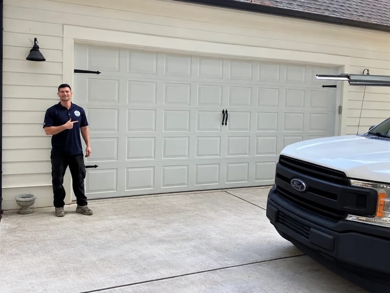 Swift Lift technician pointing to a newly installed white carriage-style garage door with black hardware