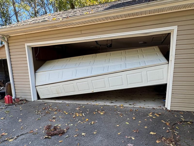 White sectional garage door knocked off its tracks, hanging crooked in a two-car garage opening