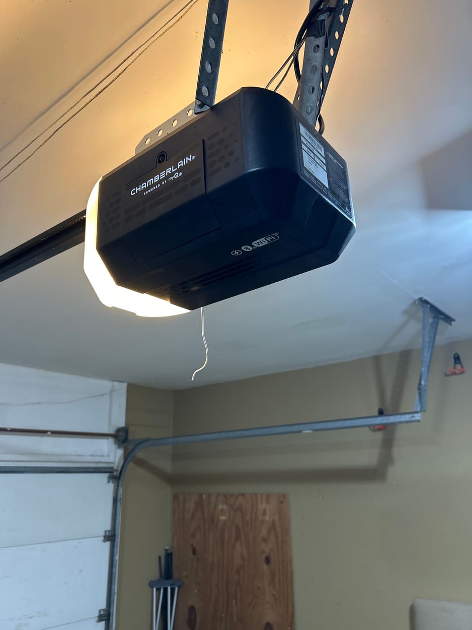 Chamberlain garage door opener installed on a garage ceiling